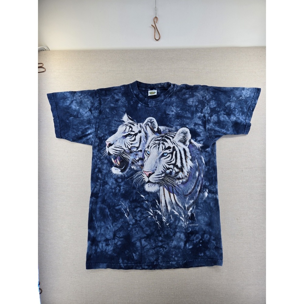 Vtg 90s Rainforest Cafe Medium Crew Neck White Bengal Tiger Tie Dye T-Shirt Blue